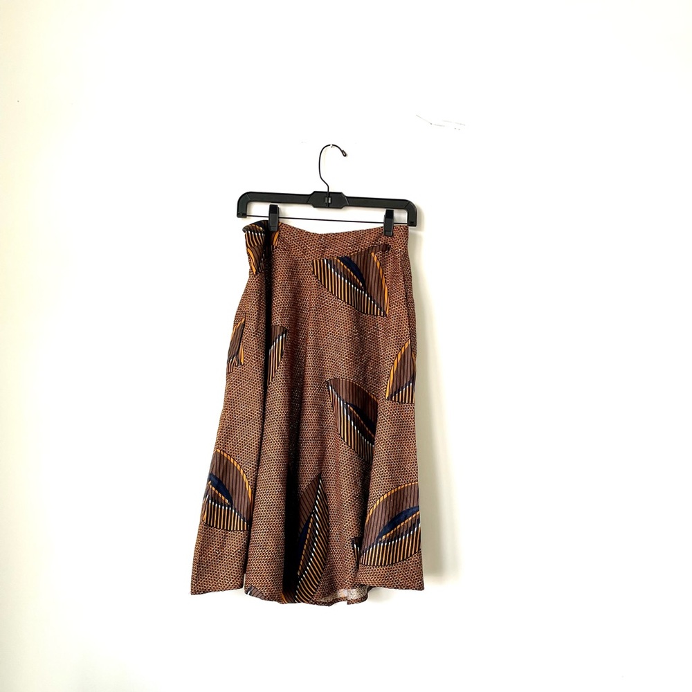 Anthropologie Brown Midi Skirt with Navy and Mustard Leaf Motif